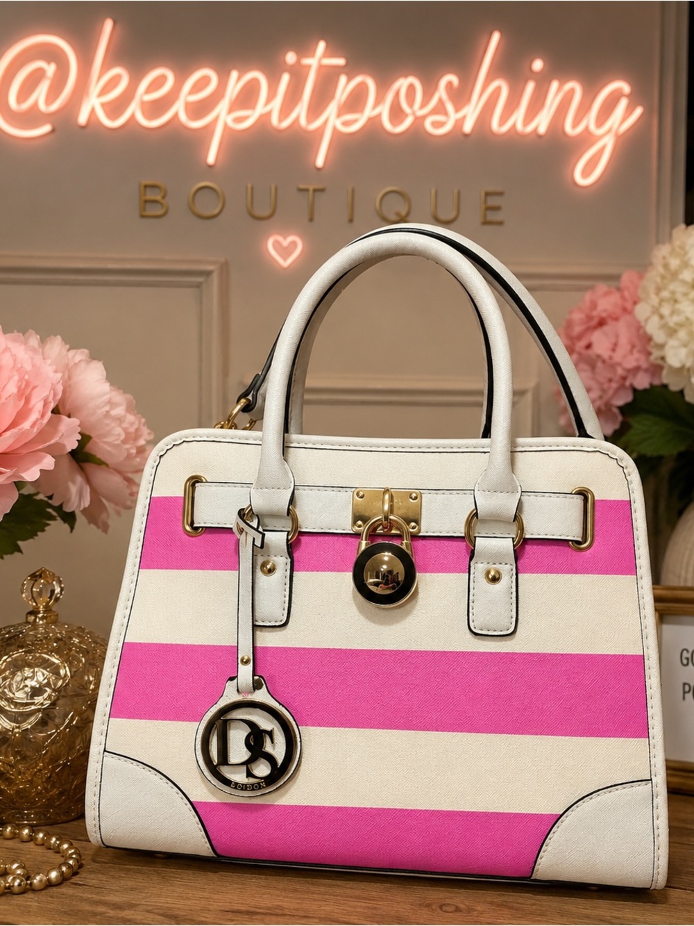 Striped Pink & White Top-Handle Satchel with Logo Charm - Picture 1 of 6